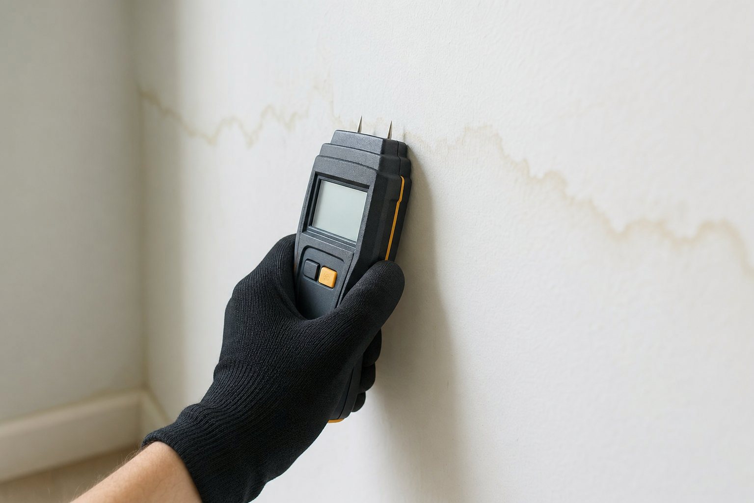 Hand holding a pin meter against drywall, reading 12.4%