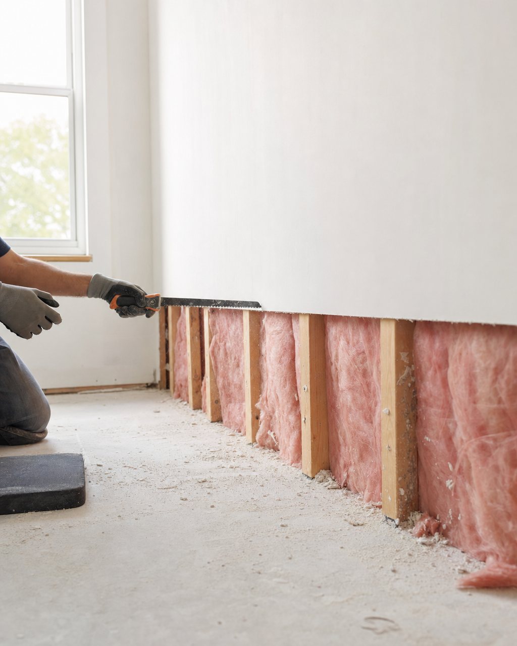 Drywall flood cut 60 centimetres up the wall, studs exposed