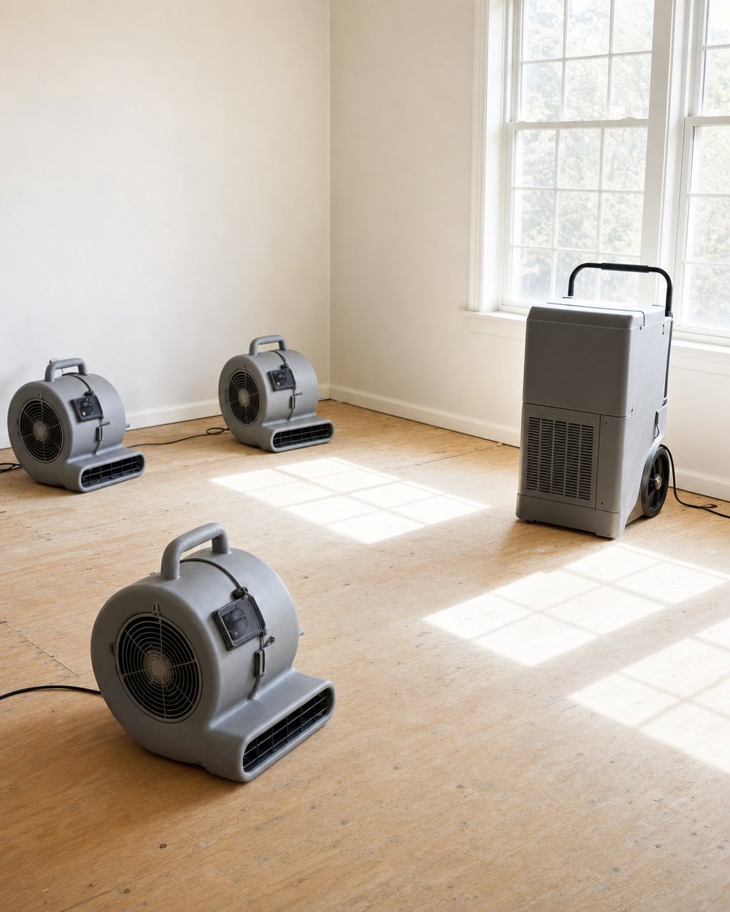 Air movers and a dehumidifier arranged along an opened wall