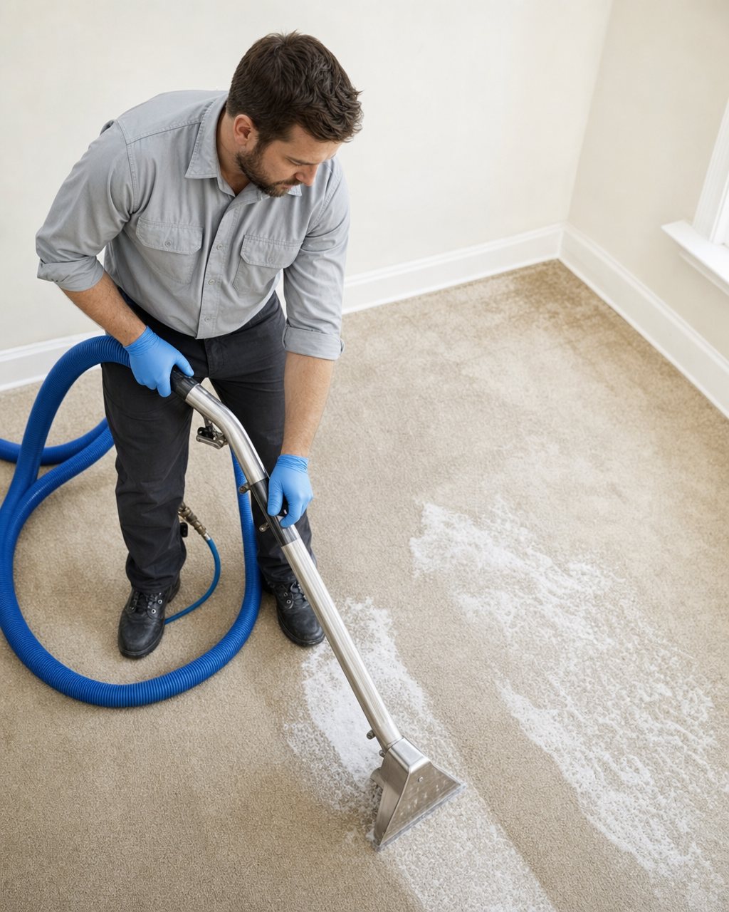 Technician extracting standing water from a hardwood floor with a wand