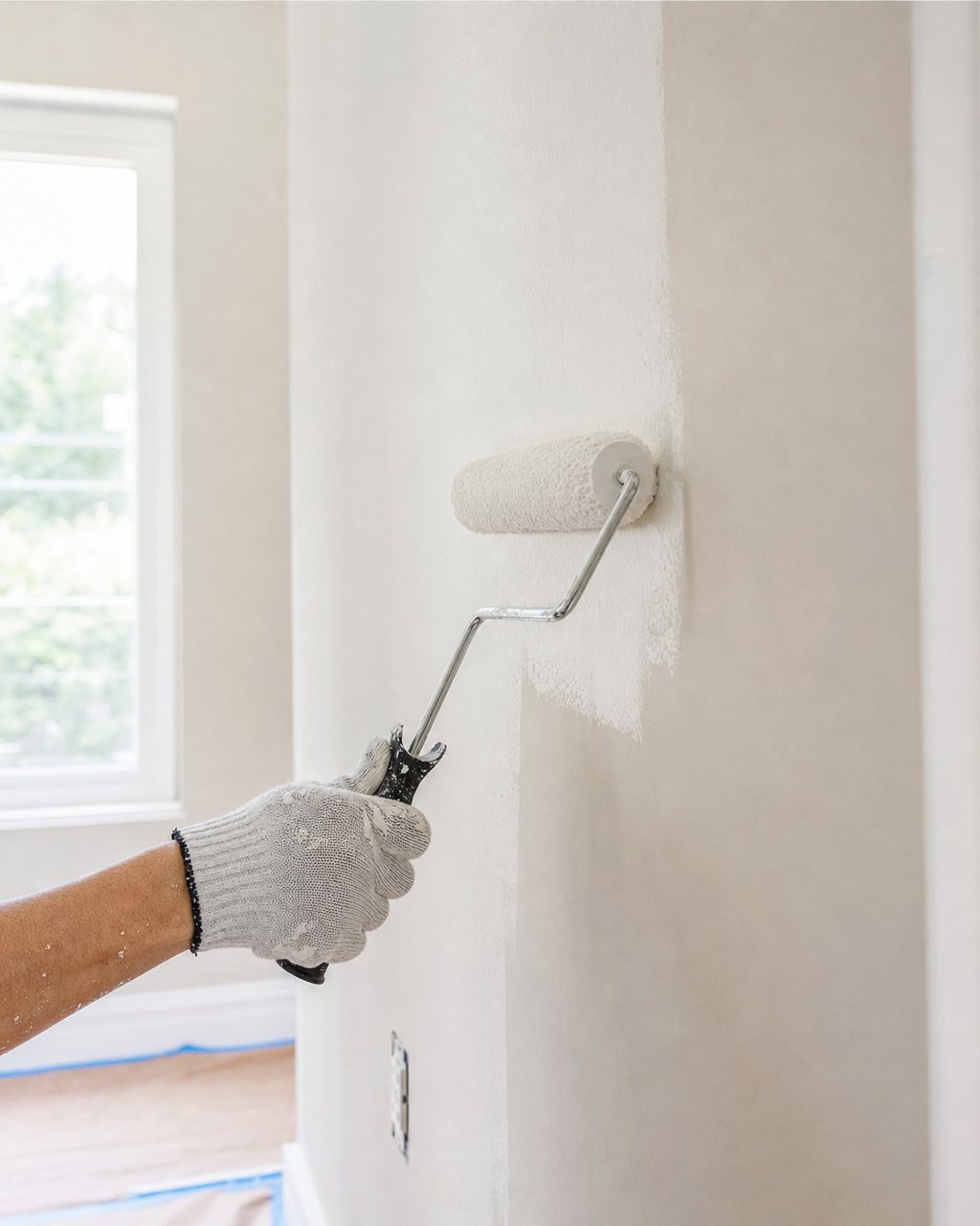 New drywall taped and primed on a rebuilt wall