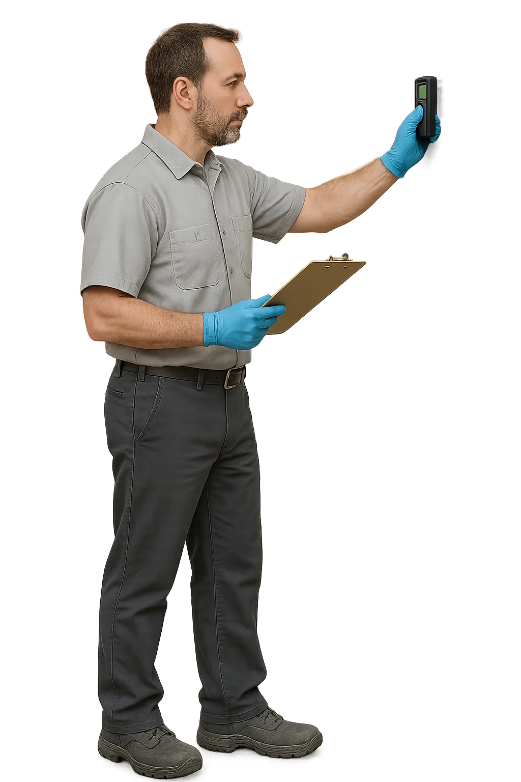 Restoration technician in profile pressing a pin moisture meter to a wall
