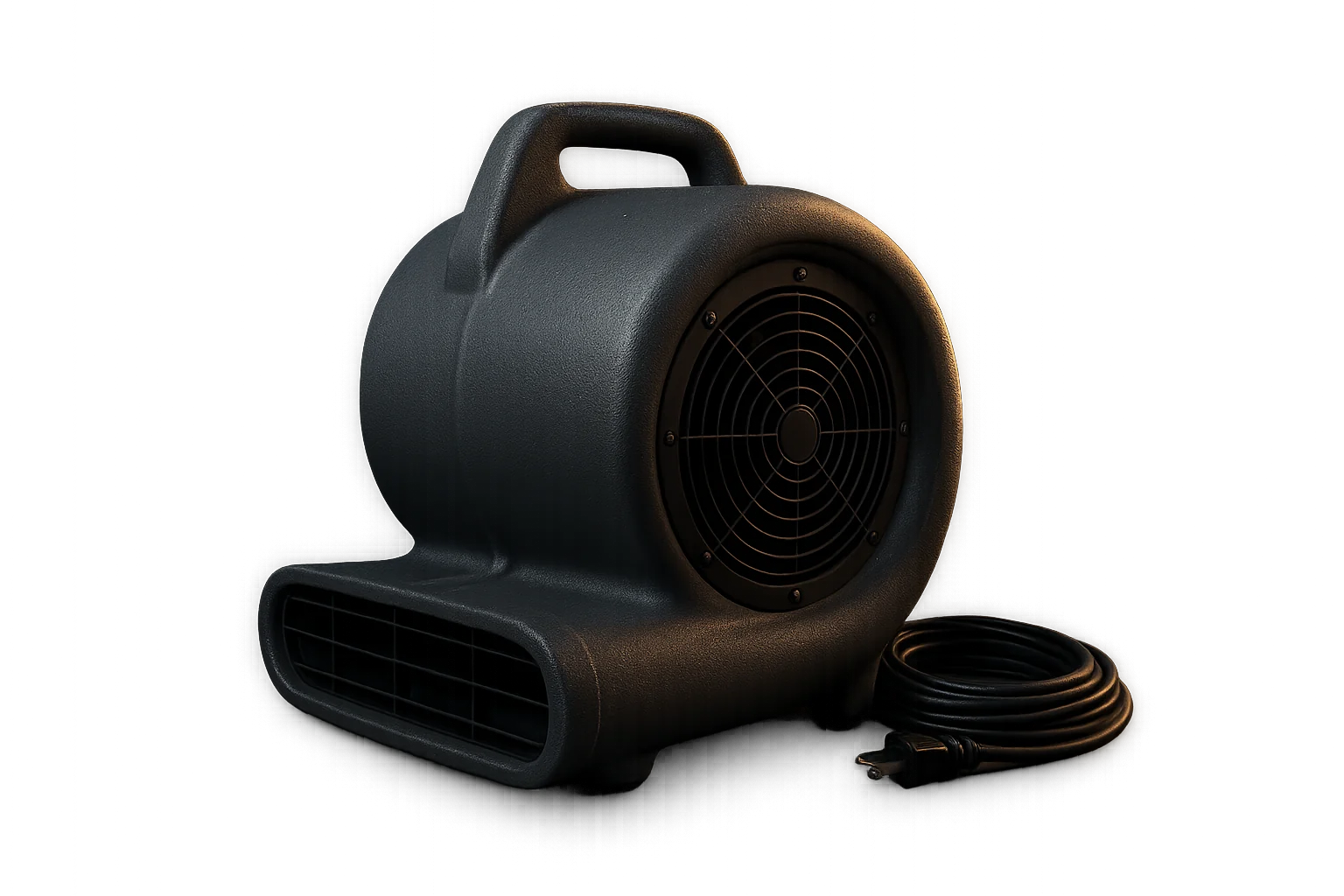 A centrifugal air mover, snout angled up, on a transparent background
