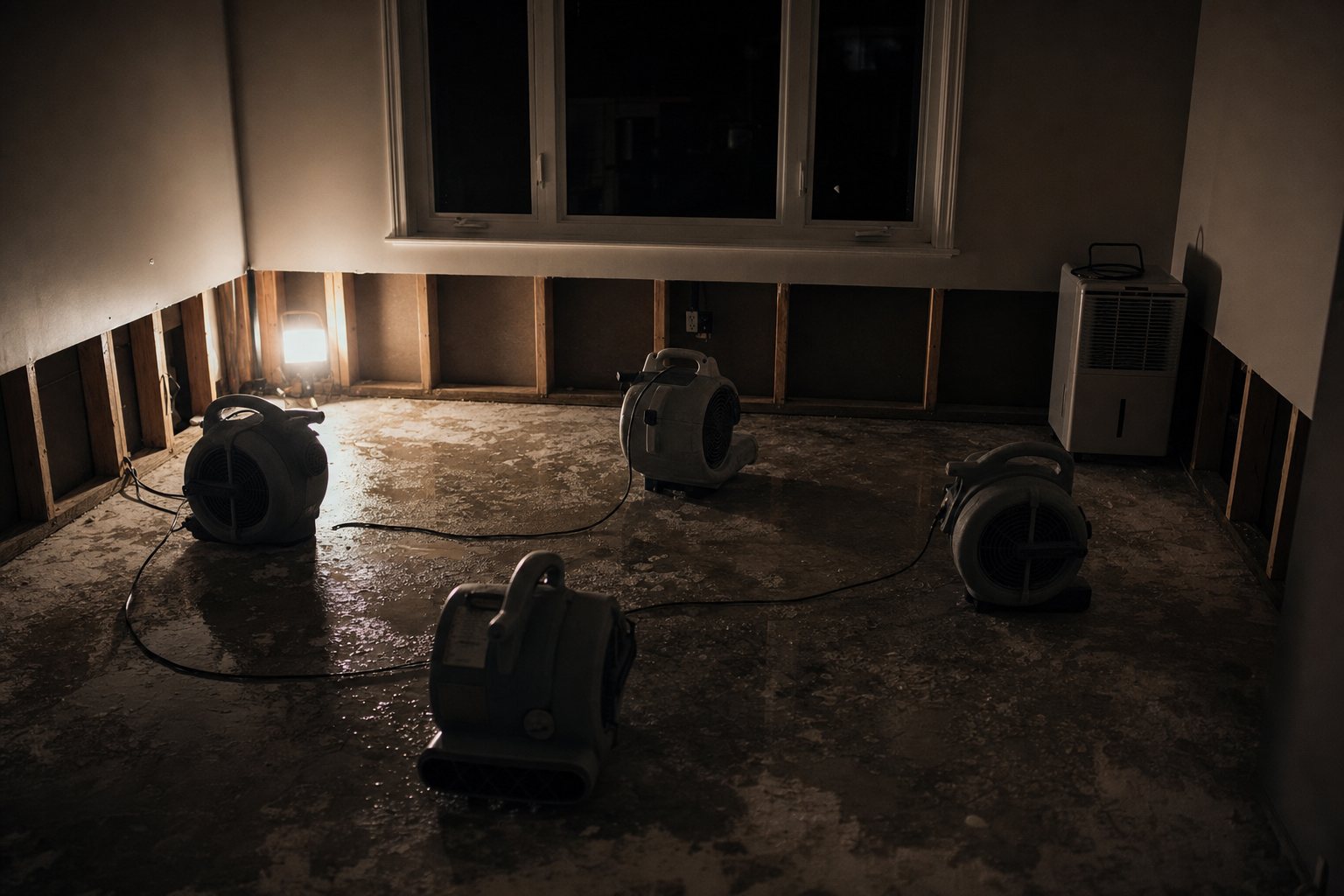 A stripped room with air movers and a dehumidifier running, floor drying under a lamp