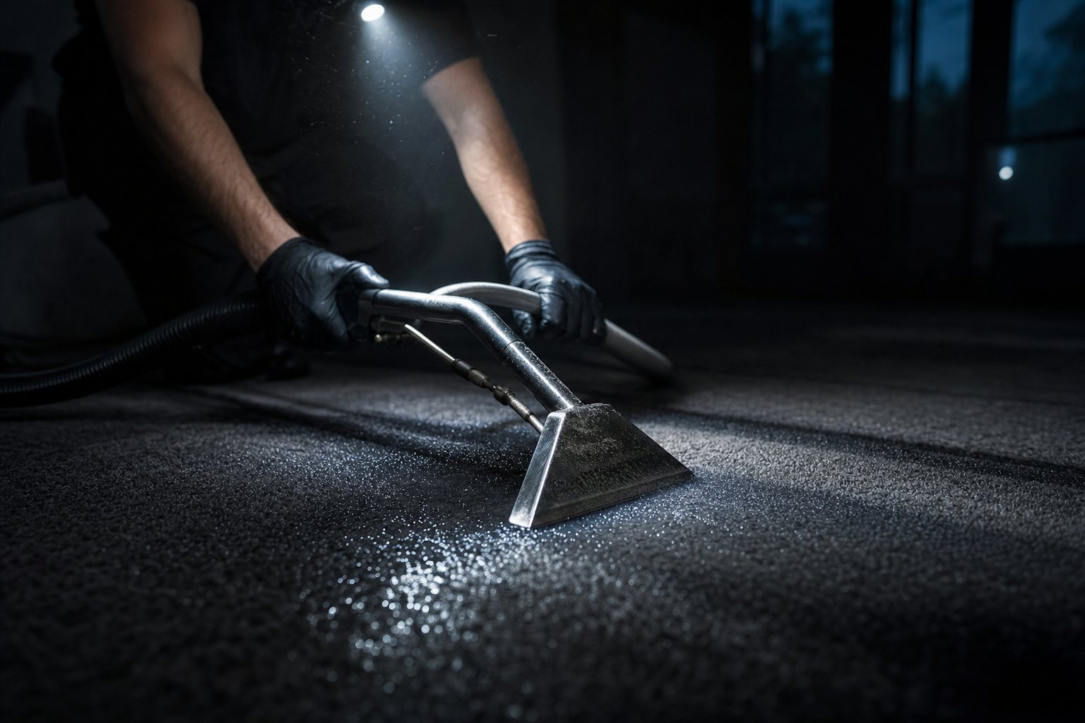 A technician running an extraction wand across a flooded floor at night