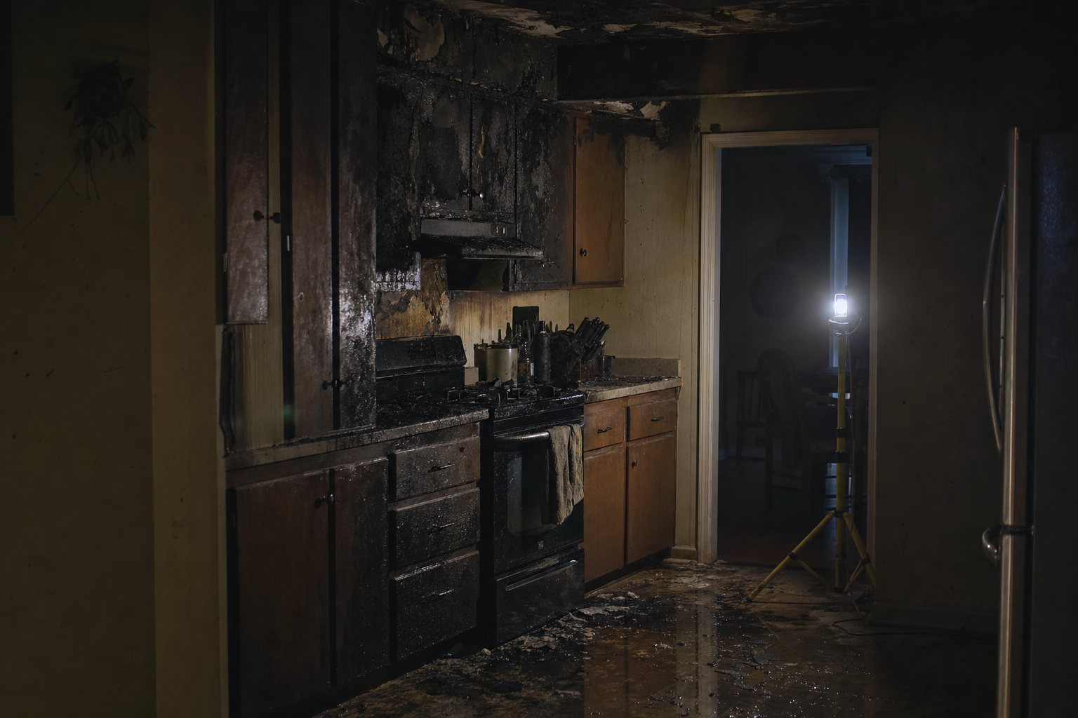 A smoke-blackened kitchen lit by a work lamp