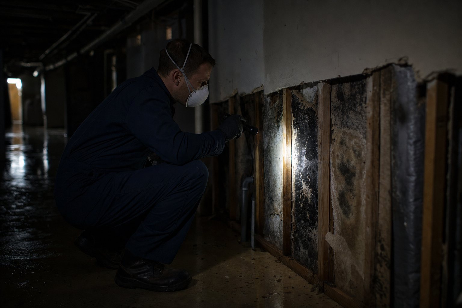 A containment wall of clear sheeting with mold on the drywall behind it