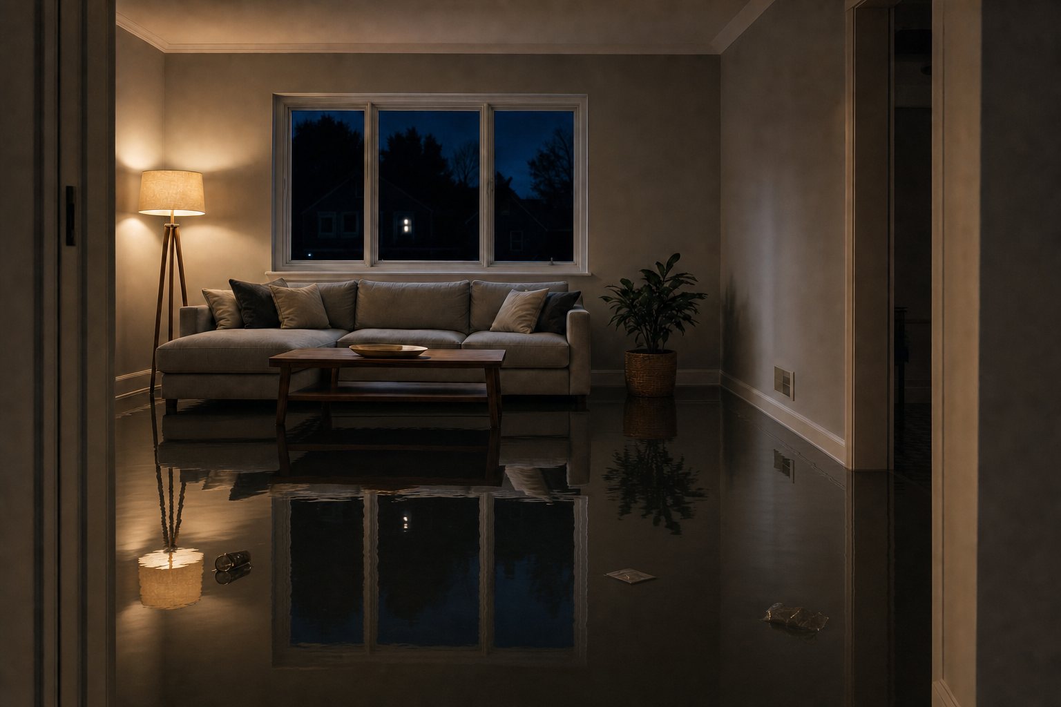 A living room at night, flooded to the baseboards, lit by a single lamp
