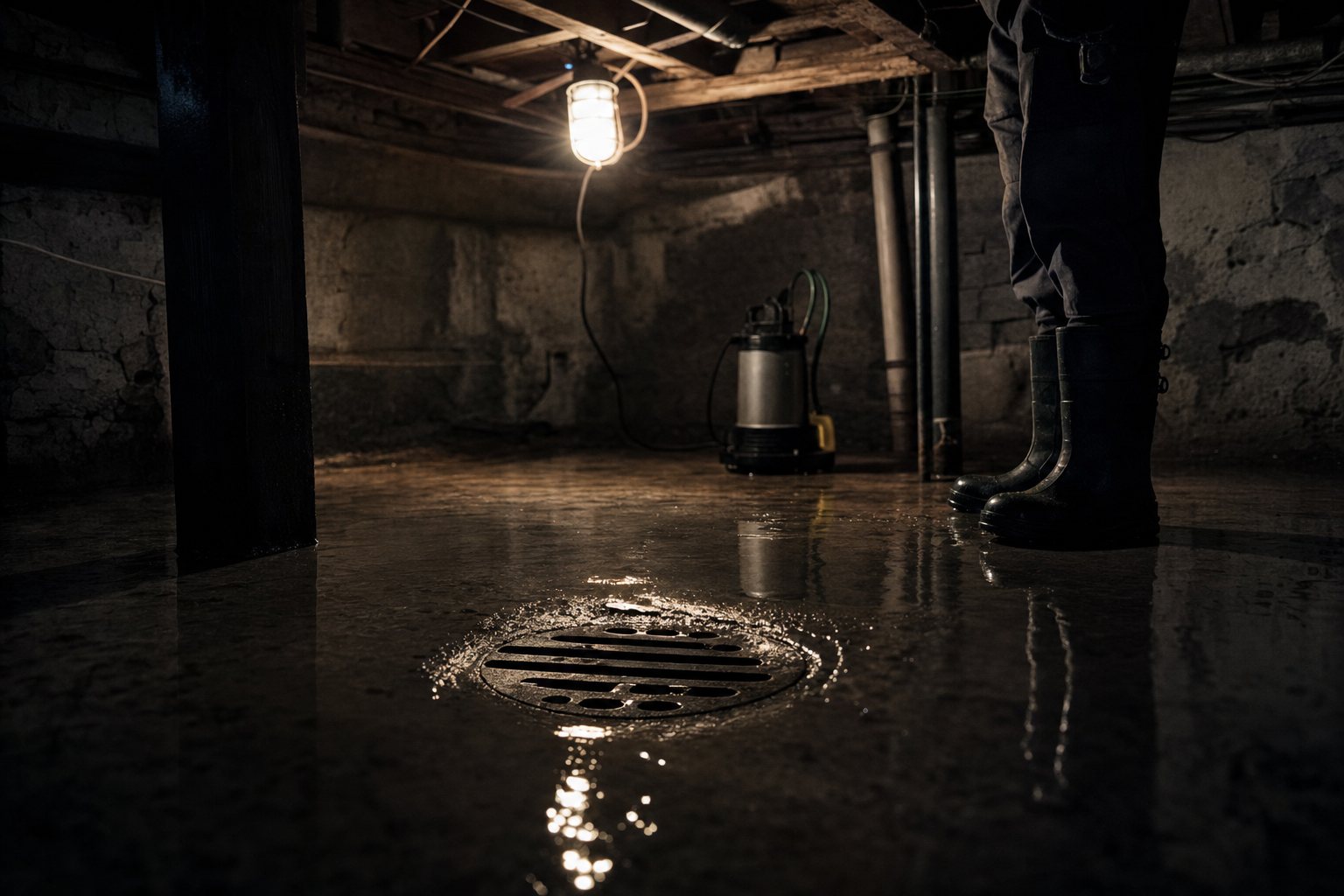 A basement floor after a sewage backup, a technician in a protective suit at the drain