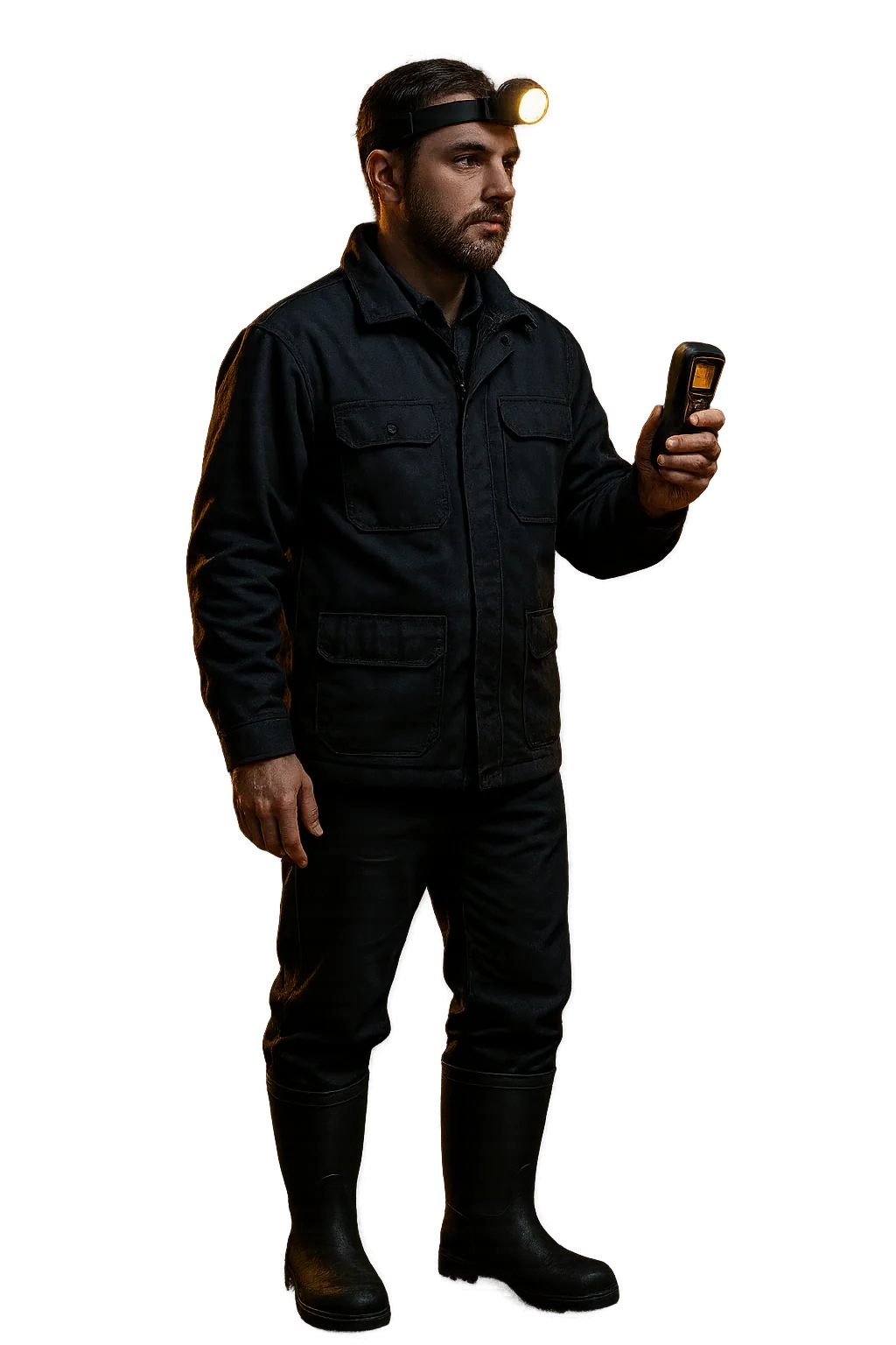 A restoration technician in waders and a headlamp, standing in the water with an extraction wand