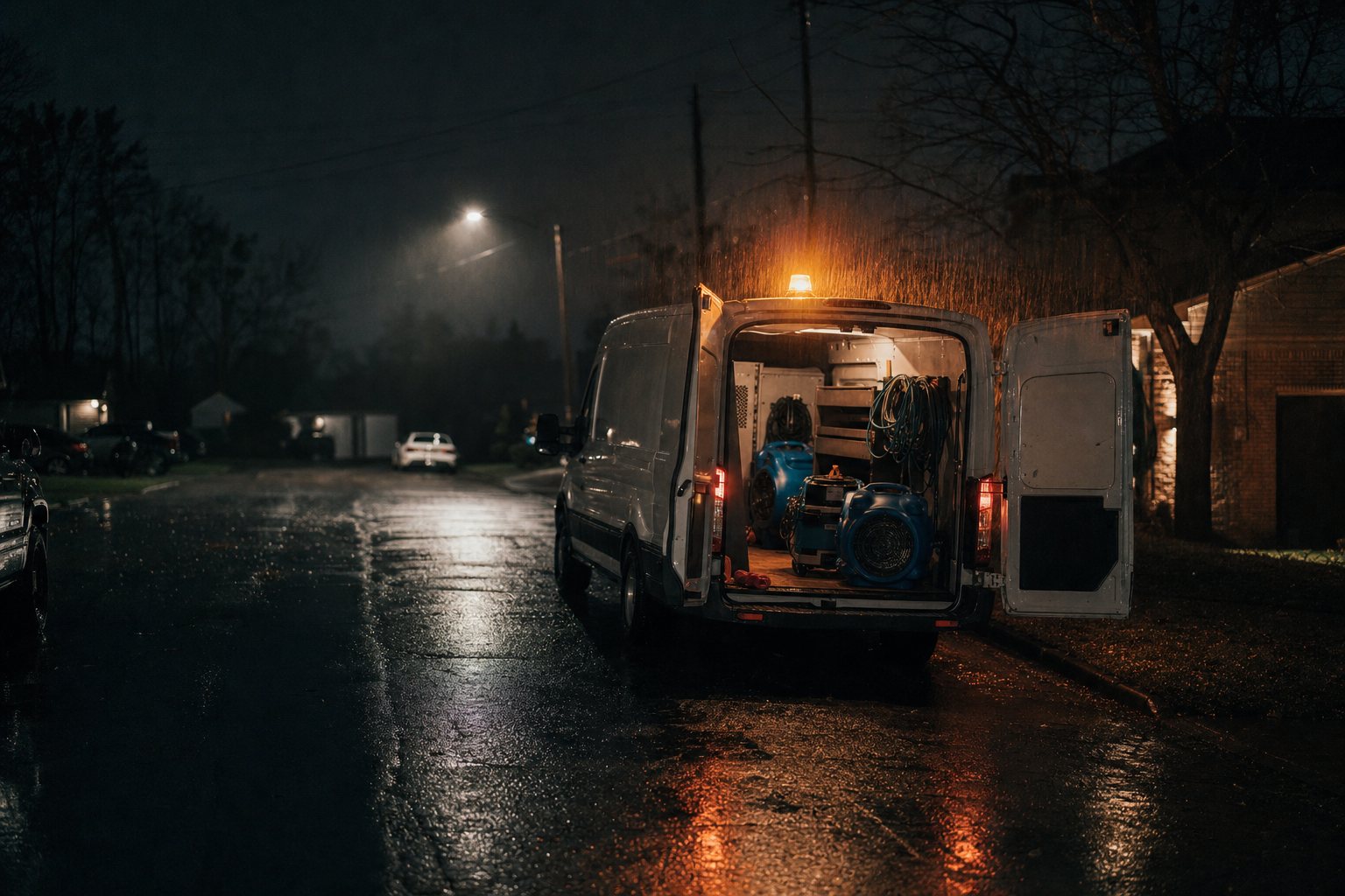 A 1-800 WATER DAMAGE service truck parked at a house at night, amber beacon on