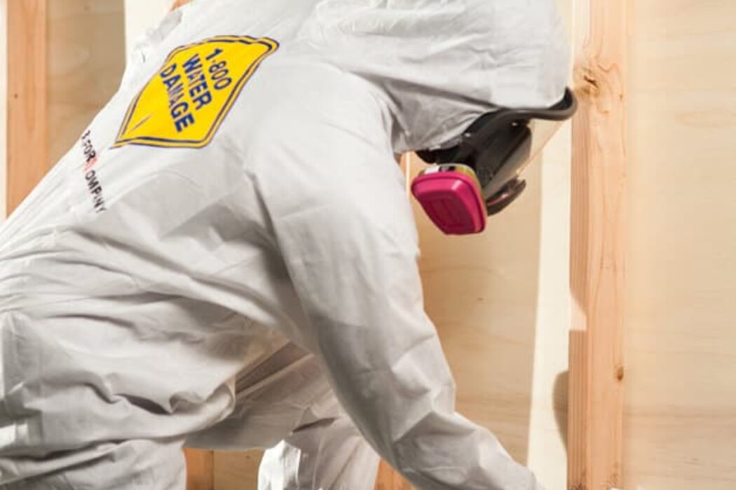 Restoration technician wearing protective equipment while working at exposed wall framing